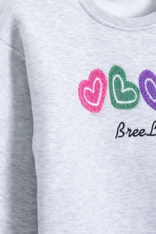 Gri Kalp Nakışlı Bisiklet Yaka Kız Çocuk Şardonlu Sweatshirt 23252