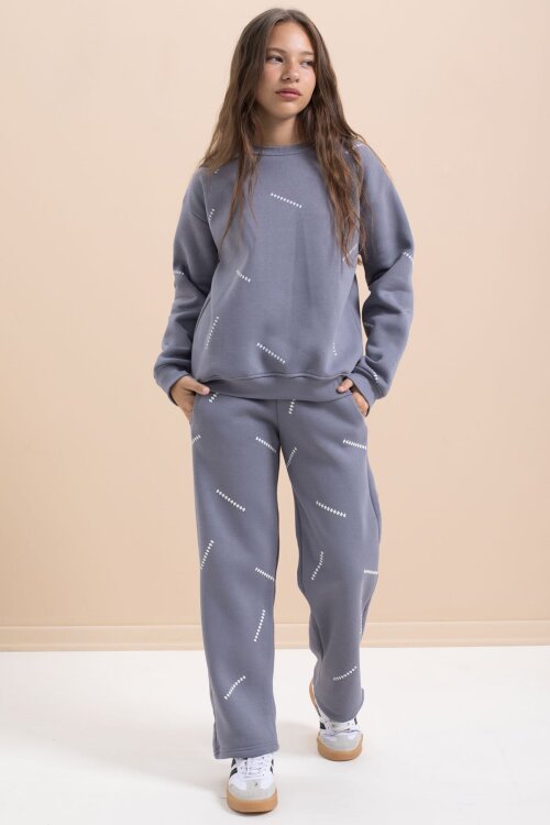 Gri Kız Çocuk Desenli 3 İplik Şardonlu Geniş Paça Eşofman Takımı 22648