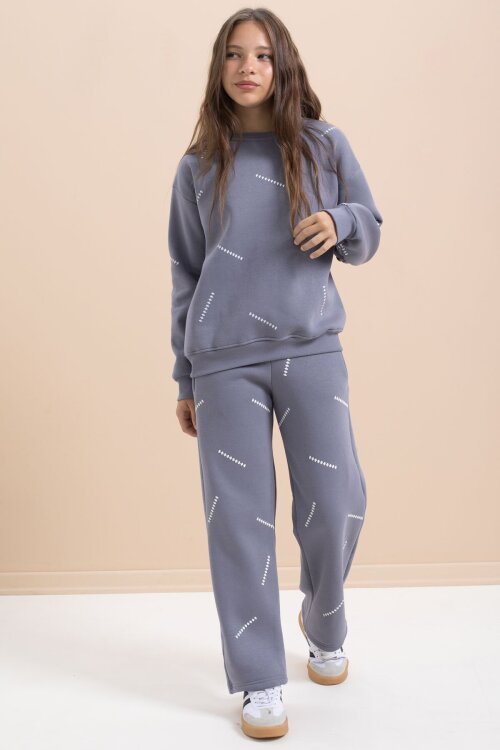 Gri Kız Çocuk Desenli 3 İplik Şardonlu Geniş Paça Eşofman Takımı 22648