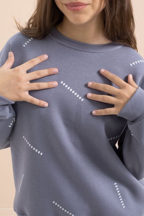 Gri Kız Çocuk Desenli 3 İplik Şardonlu Geniş Paça Eşofman Takımı 22648