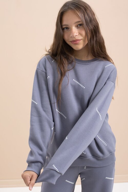 Gri Kız Çocuk Desenli 3 İplik Şardonlu Geniş Paça Eşofman Takımı 22648