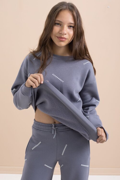 Gri Kız Çocuk Desenli 3 İplik Şardonlu Geniş Paça Eşofman Takımı 22648