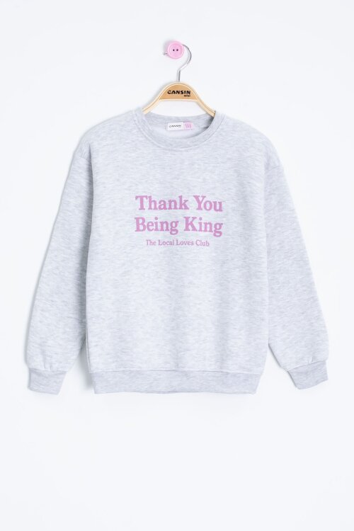 Gri Yazı Baskılı Bisiklet Yaka Kız Çocuk Şardonlu Sweatshirt 23257