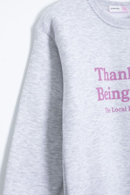 Gri Yazı Baskılı Bisiklet Yaka Kız Çocuk Şardonlu Sweatshirt 23257