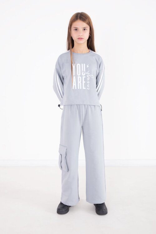 Gri Yazı Baskılı Kargo Cep Detaylı Kız Çocuk Takım 22777