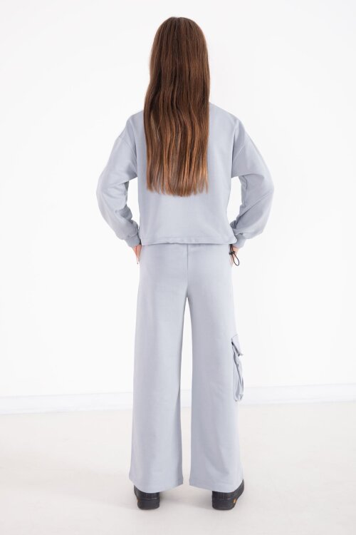 Gri Yazı Baskılı Kargo Cep Detaylı Kız Çocuk Takım 22777