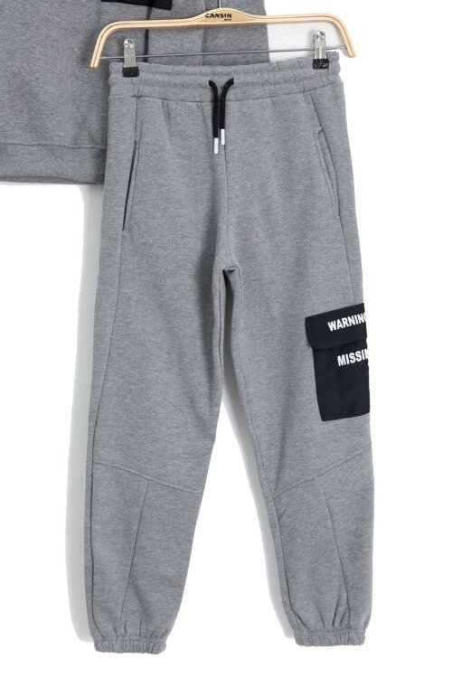 Gri Yazı Baskılı Şardonlu Erkek Çocuk Kapüşonlu Eşofman Takımı 22716