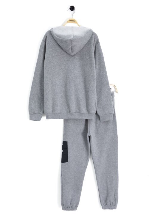 Gri Yazı Baskılı Şardonlu Erkek Çocuk Kapüşonlu Eşofman Takımı 22716
