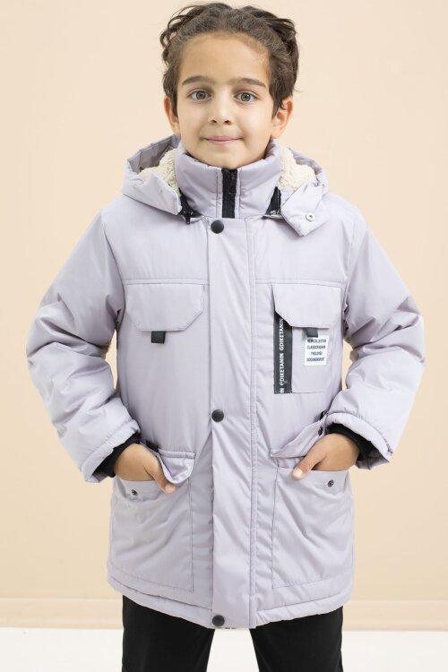 Gri Yazı Detaylı Göğüs Cepli İçi Kürklü Erkek Çocuk Kapüşonlu Mont 21479