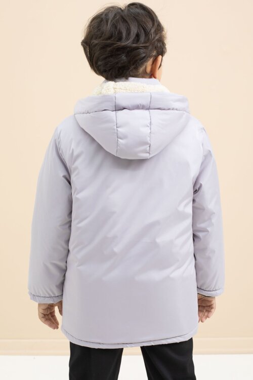 Gri Yazı Detaylı Göğüs Cepli İçi Kürklü Erkek Çocuk Kapüşonlu Mont 21479