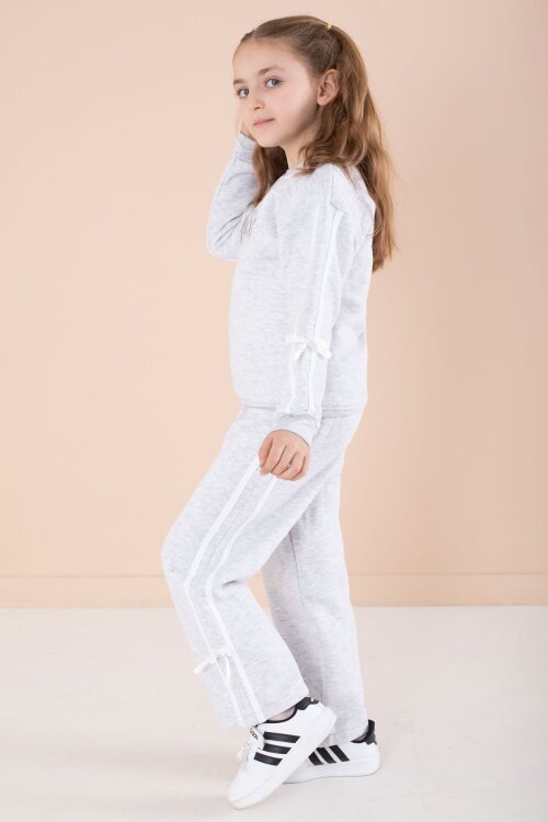 Gri Yazı Nakışlı Şerit Detaylı Şardonlu Kız Çocuk Eşofman Takımı  23238