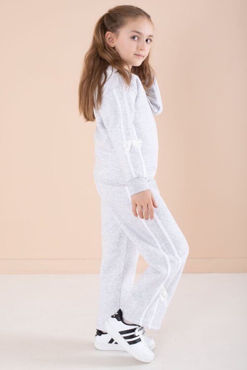 Gri Yazı Nakışlı Şerit Detaylı Şardonlu Kız Çocuk Eşofman Takımı  23238