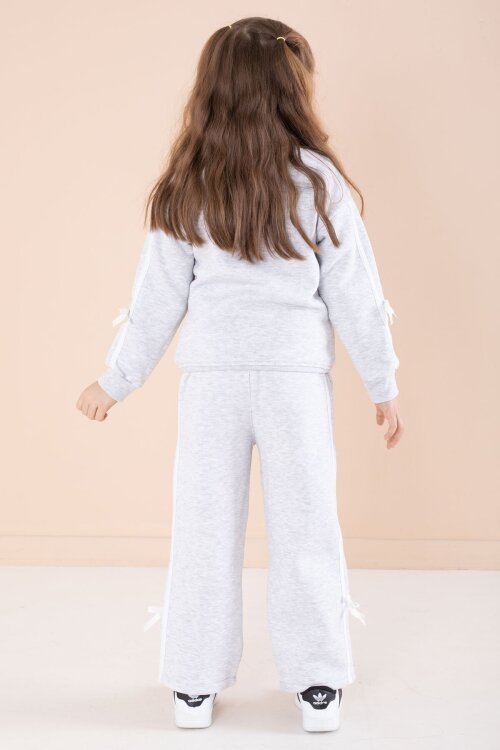 Gri Yazı Nakışlı Şerit Detaylı Şardonlu Kız Çocuk Eşofman Takımı  23238