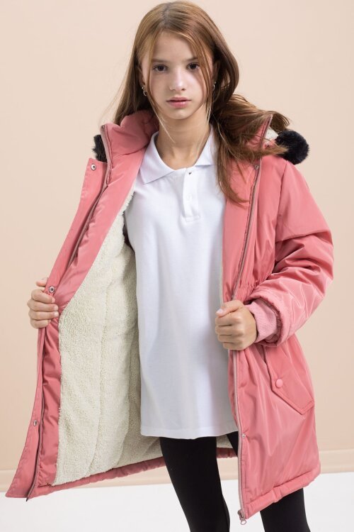 Gül Kurusu Çıtçıtlı Cepli Esnek Bel İçi Kürklü Kız Çocuk Kapüşonlu Mont 21309