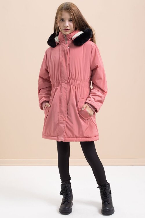 Gül Kurusu Çıtçıtlı Cepli Esnek Bel İçi Kürklü Kız Çocuk Kapüşonlu Mont 21309