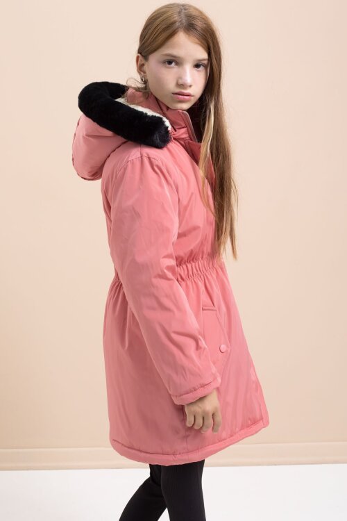 Gül Kurusu Çıtçıtlı Cepli Esnek Bel İçi Kürklü Kız Çocuk Kapüşonlu Mont 21309