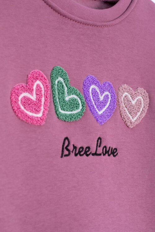 Gül Kurusu Kalp Nakışlı Bisiklet Yaka Kız Çocuk Şardonlu Sweatshirt 23254