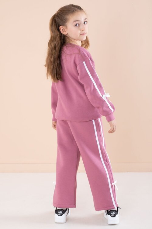 Gül Kurusu Yazı Nakışlı Şerit Detaylı Şardonlu Kız Çocuk Eşofman Takımı  23240