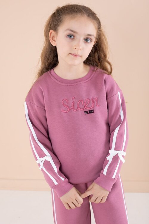 Gül Kurusu Yazı Nakışlı Şerit Detaylı Şardonlu Kız Çocuk Eşofman Takımı  23240