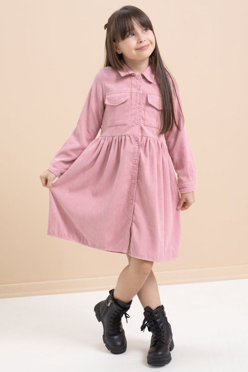 Gülkurusu Kız Çocuk Cep Detaylı Kadife Desenli Elbise 21549