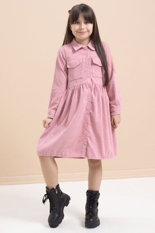 Gülkurusu Kız Çocuk Cep Detaylı Kadife Desenli Elbise 21549