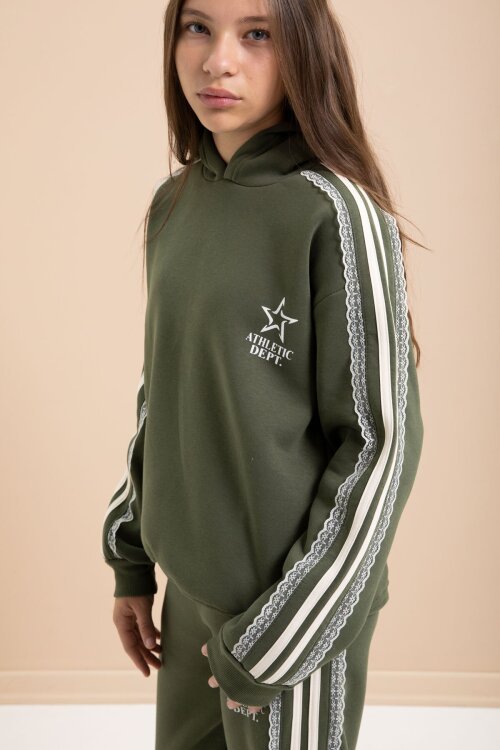 Haki 3 İplik Şardonlu Şeritli Dantel  Detaylı Kız Çocuk Kapüşonlu Eşofman Takımı  22722