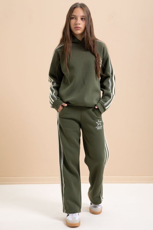 Haki 3 İplik Şardonlu Şeritli Dantel  Detaylı Kız Çocuk Kapüşonlu Eşofman Takımı  22722