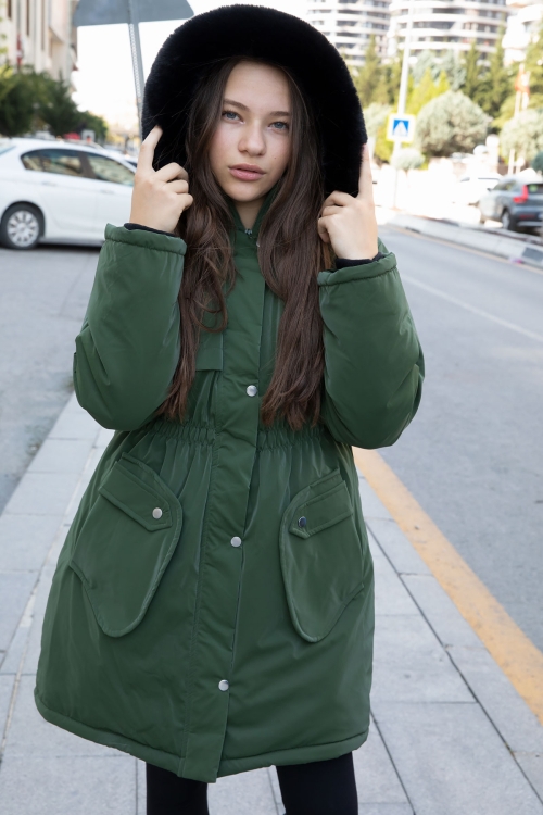 Haki Cep Detaylı İçi Kürklü Çıkarılabilir Kapüşonlu Kız Çocuk Şişme Mont 21338