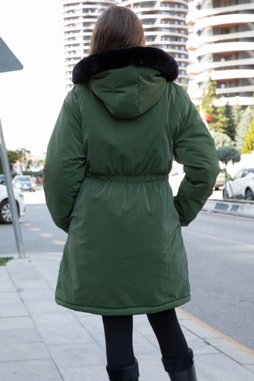 Haki Cep Detaylı İçi Kürklü Çıkarılabilir Kapüşonlu Kız Çocuk Şişme Mont 21338