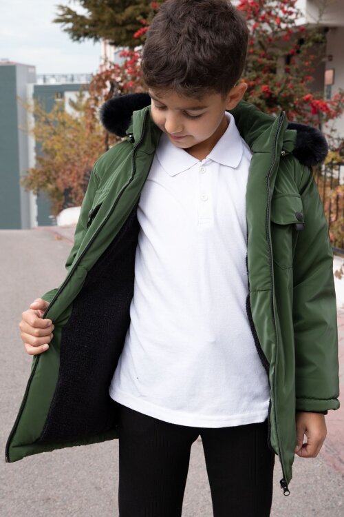 Haki Çıtçıtlı Göğüs Cepli İçi Kürklü Erkek Çocuk Kapüşonlu Mont 21348