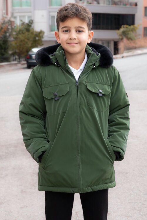 Haki Çıtçıtlı Göğüs Cepli İçi Kürklü Erkek Çocuk Kapüşonlu Mont 21348