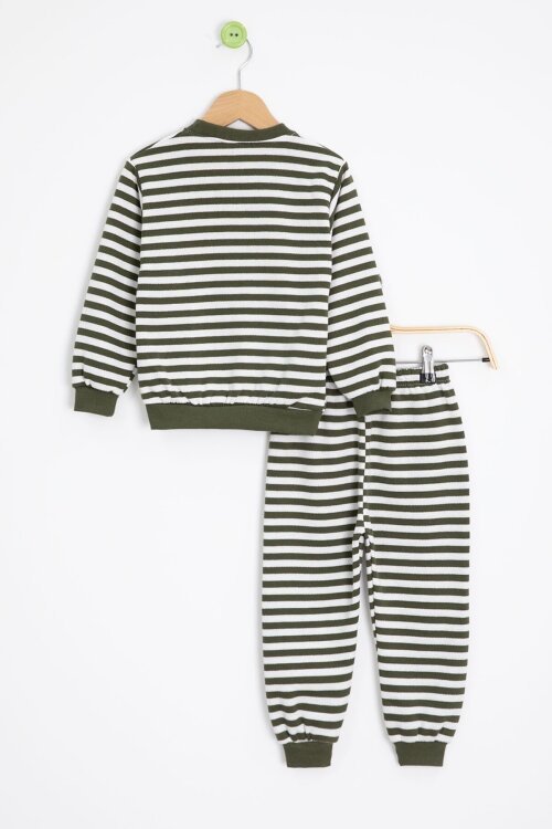 Haki Erkek Çocuk Cute Nakışlı Çizgili Şardonlu Eşofman Takımı 23311