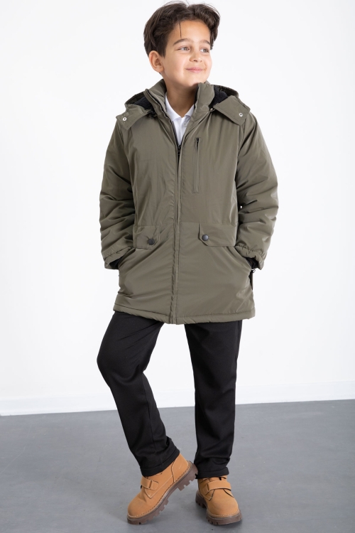 Haki Fermuarlı Göğüs Cepli İçi Kürklü Erkek Çocuk Kapüşonlu Mont 21370