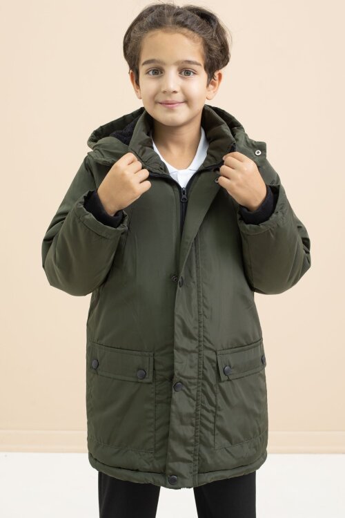 Haki İçi Kürklü Çıtçıtlı Cepli Uzun Kesim Erkek Çocuk Kapüşonlu Şişme Mont 21445