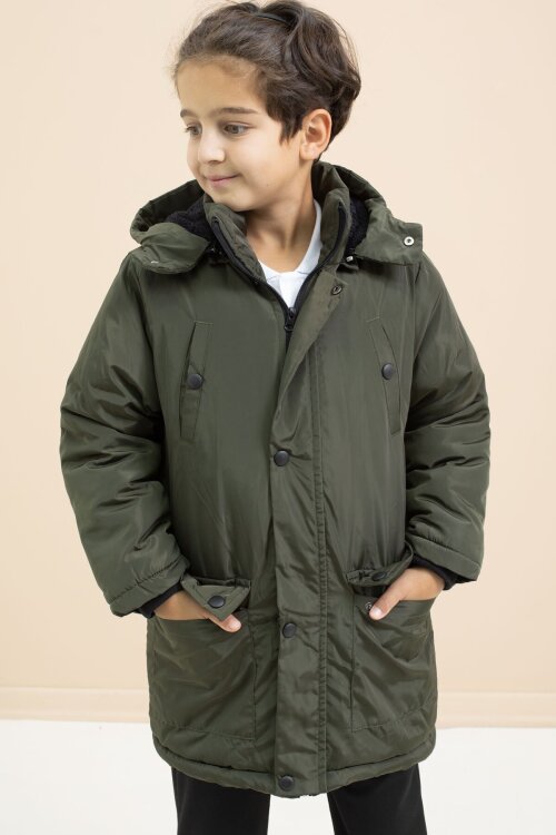 Haki İçi Kürklü Çıtçıtlı Cepli Uzun Kesim Erkek Çocuk Kapüşonlu Şişme Mont 21445