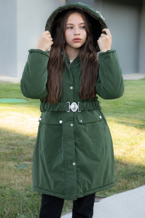 Haki Kemerli Nubuk Kumaş Kız Çocuk İçi Kürklü Kapüşonlu Şişme Mont 21313