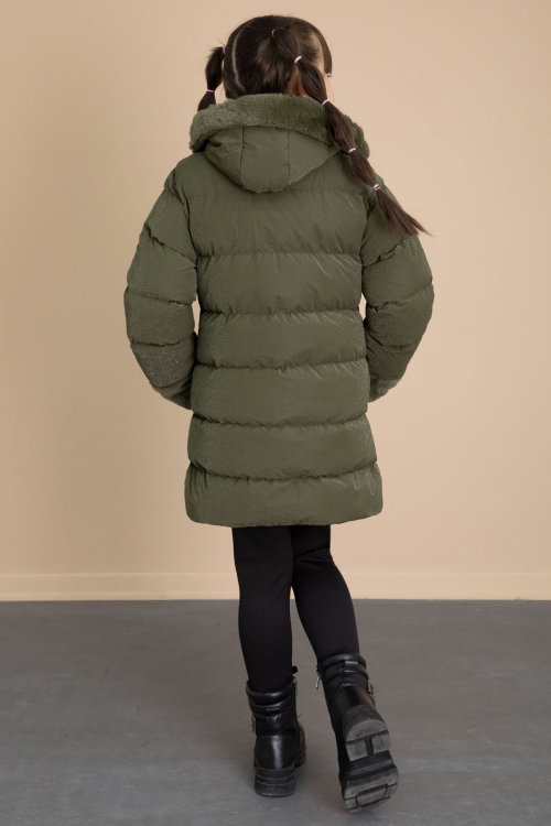 Haki Kolu Kürk Detaylı İçi Yünlü Kız Çocuk Kapüşonlu Şişme Mont 21328