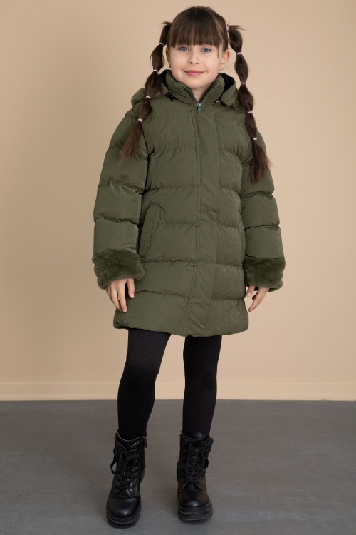 Haki Kolu Kürk Detaylı İçi Yünlü Kız Çocuk Kapüşonlu Şişme Mont 21328