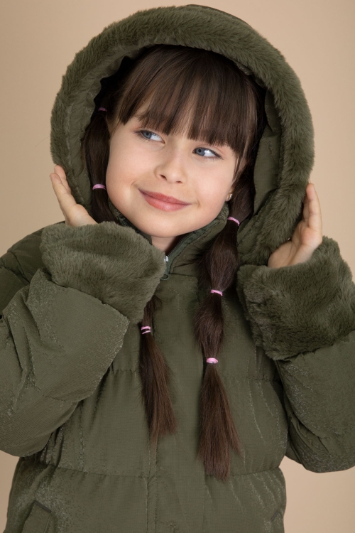 Haki Kolu Kürk Detaylı İçi Yünlü Kız Çocuk Kapüşonlu Şişme Mont 21328