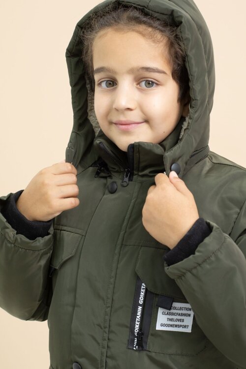 Haki Yazı Detaylı Göğüs Cepli İçi Kürklü Erkek Çocuk Kapüşonlu Mont 21476