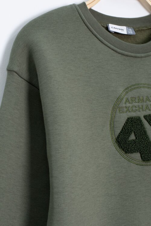 Haki Yazı Nakışlı Bisiklet Yaka Erkek Çocuk Şardonlu Sweatshirt 23248