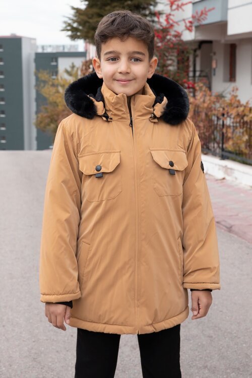 Hardal Çıtçıtlı Göğüs Cepli İçi Kürklü Erkek Çocuk Kapüşonlu Mont 21351