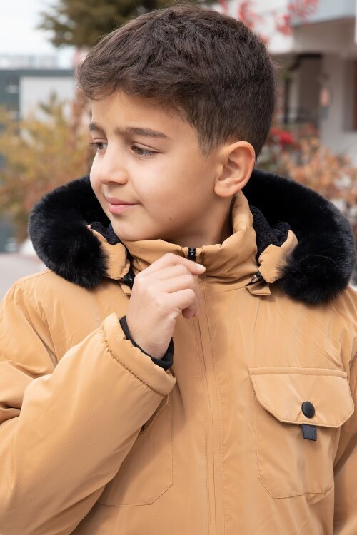 Hardal Çıtçıtlı Göğüs Cepli İçi Kürklü Erkek Çocuk Kapüşonlu Mont 21351