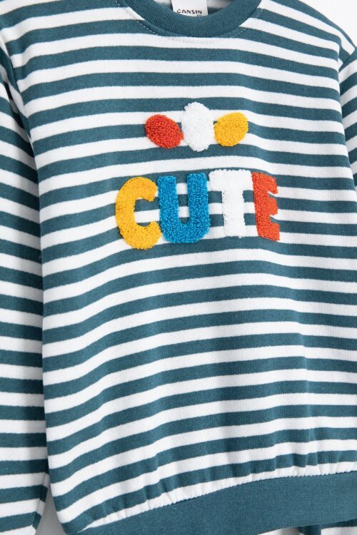 İndigo Erkek Çocuk Cute Nakışlı Çizgili Şardonlu Eşofman Takımı 23313