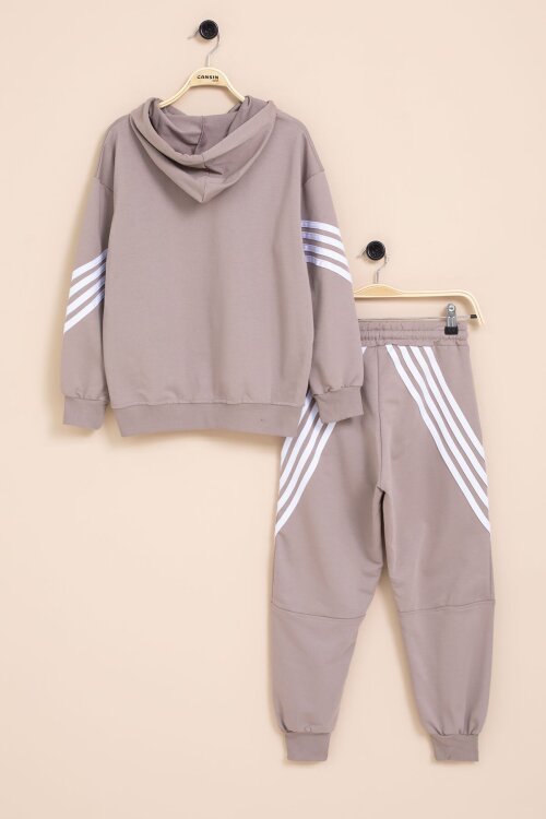 Kahve Erkek Çocuk Keep Going Yazılı Şeritli Erkek Çocuk Kapüşonlu Eşofman Takımı 23419