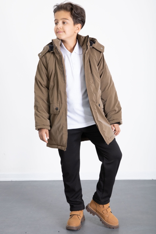 Kahve Fermuarlı Göğüs Cepli İçi Kürklü Erkek Çocuk Kapüşonlu Mont 21354