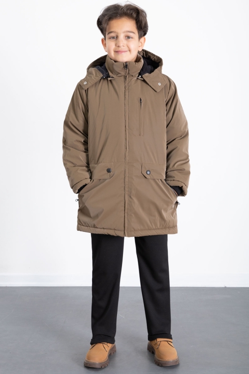 Kahve Fermuarlı Göğüs Cepli İçi Kürklü Erkek Çocuk Kapüşonlu Mont 21354