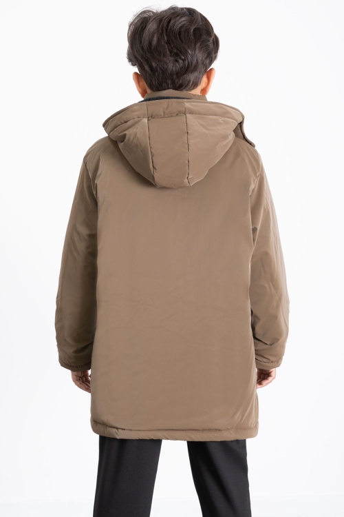 Kahve Fermuarlı Göğüs Cepli İçi Kürklü Erkek Çocuk Kapüşonlu Mont 21354