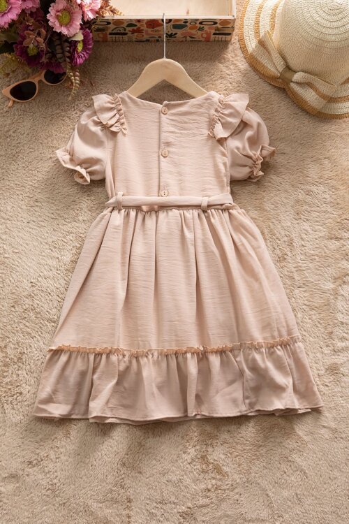 Kahve Fırfır Detaylı Kısa Kol Kız Çocuk Pileli Elbise 22672