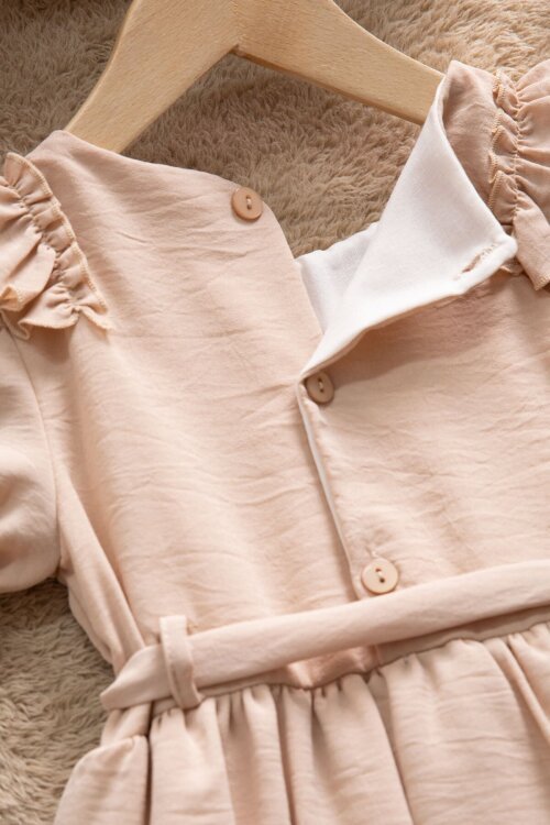 Kahve Fırfır Detaylı Kısa Kol Kız Çocuk Pileli Elbise 22672